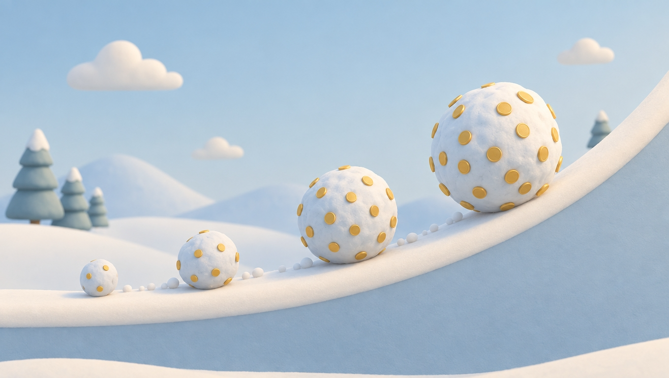 雪だるまが坂を転がりながら大きくなっていく様子。配当再投資による複利効果のイメージ